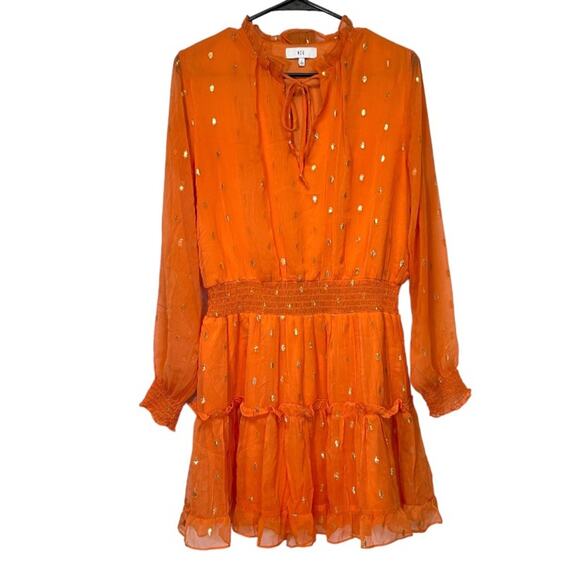 NSR Peach & Gold Metallic Dot Ruffle Long Sleeve Peasant Dress Size L - Picture 3 of 10